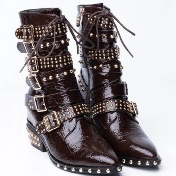 Western Cowboy Brown Vegan Crocodile Leather Studded Belt Strap Riding Boots - Picture 2 of 5